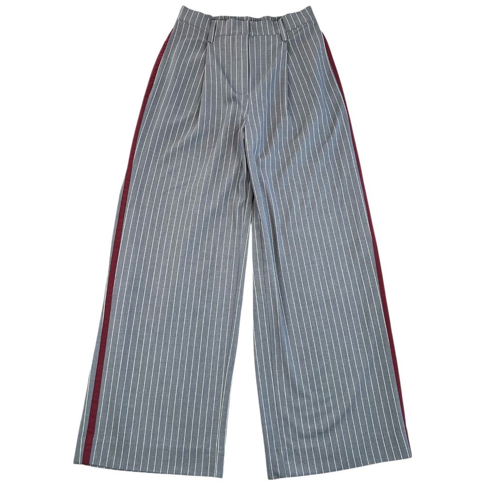 Christian Lacroix Gray Pinstripe Wide Leg Trousers Burgundy Side Stripe Size S